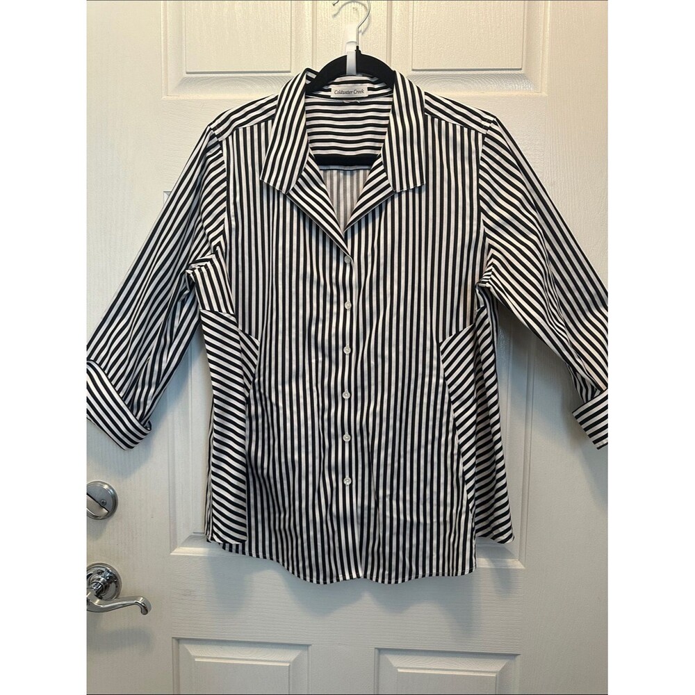 Coldwater Creek Black and White Vertical Stripe Button-Down Shirt